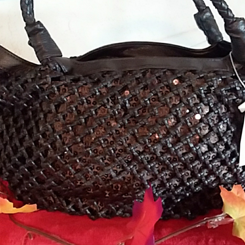 NWT Coffee Leather Sequin Purse.